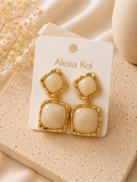 Jewelry - Cream Square Drop Earrings in Gold